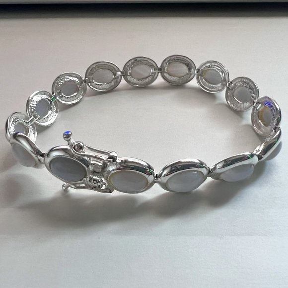 FAS 925 Silver White Agate Stone Cabochon Bracelet - Picture 1 of 11